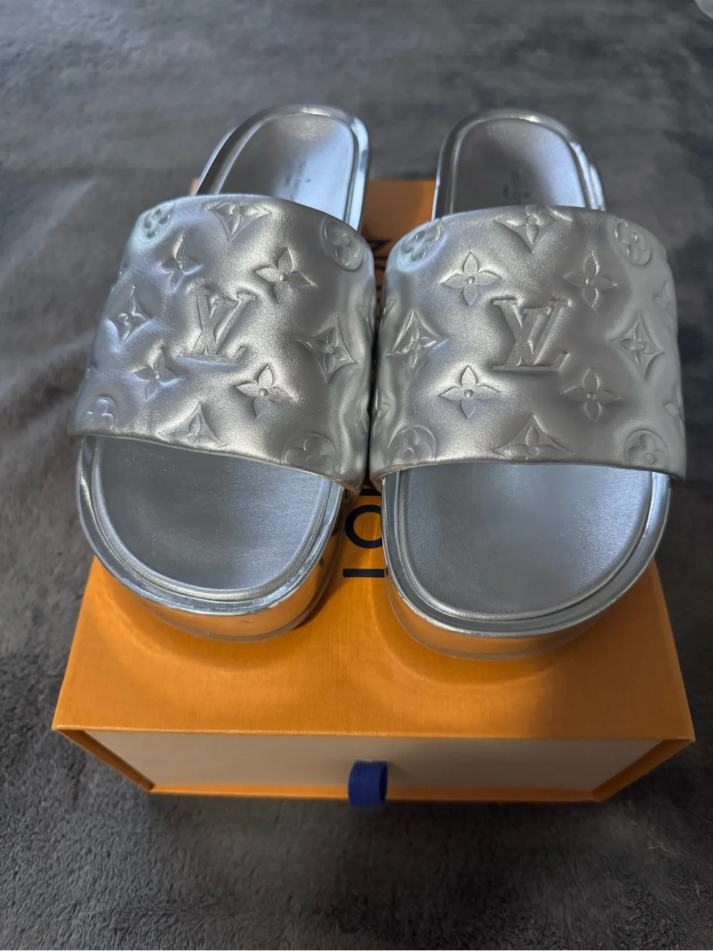 Louis Vuitton Silver Monogram Platform Slides